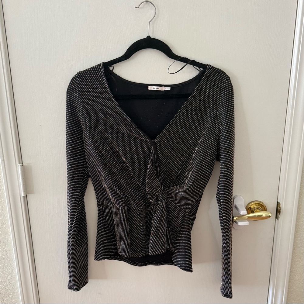 miami Black Metallic Stripe Tie-Front Long Sleeve Top